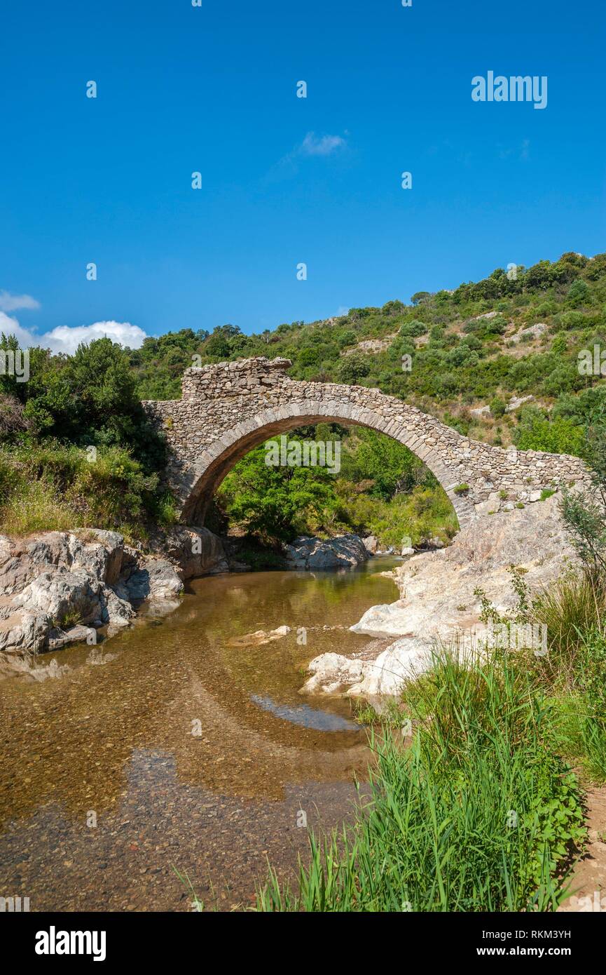 Historic arch bridge Le Pont des Fees, Grimaud-Village, Var, Provence-Alpes-Cote d`Azur, France, Europe. Stock Photo